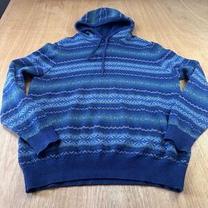 IZOD Mens XL Blue Striped Knit Hoodie Pullover 100% Cotton